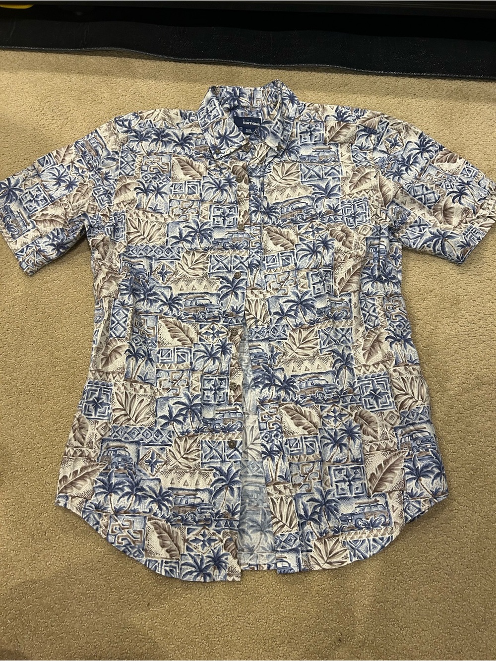 Basic Editions Blue and Tan Tropical Print Short-Sleeve Shirt